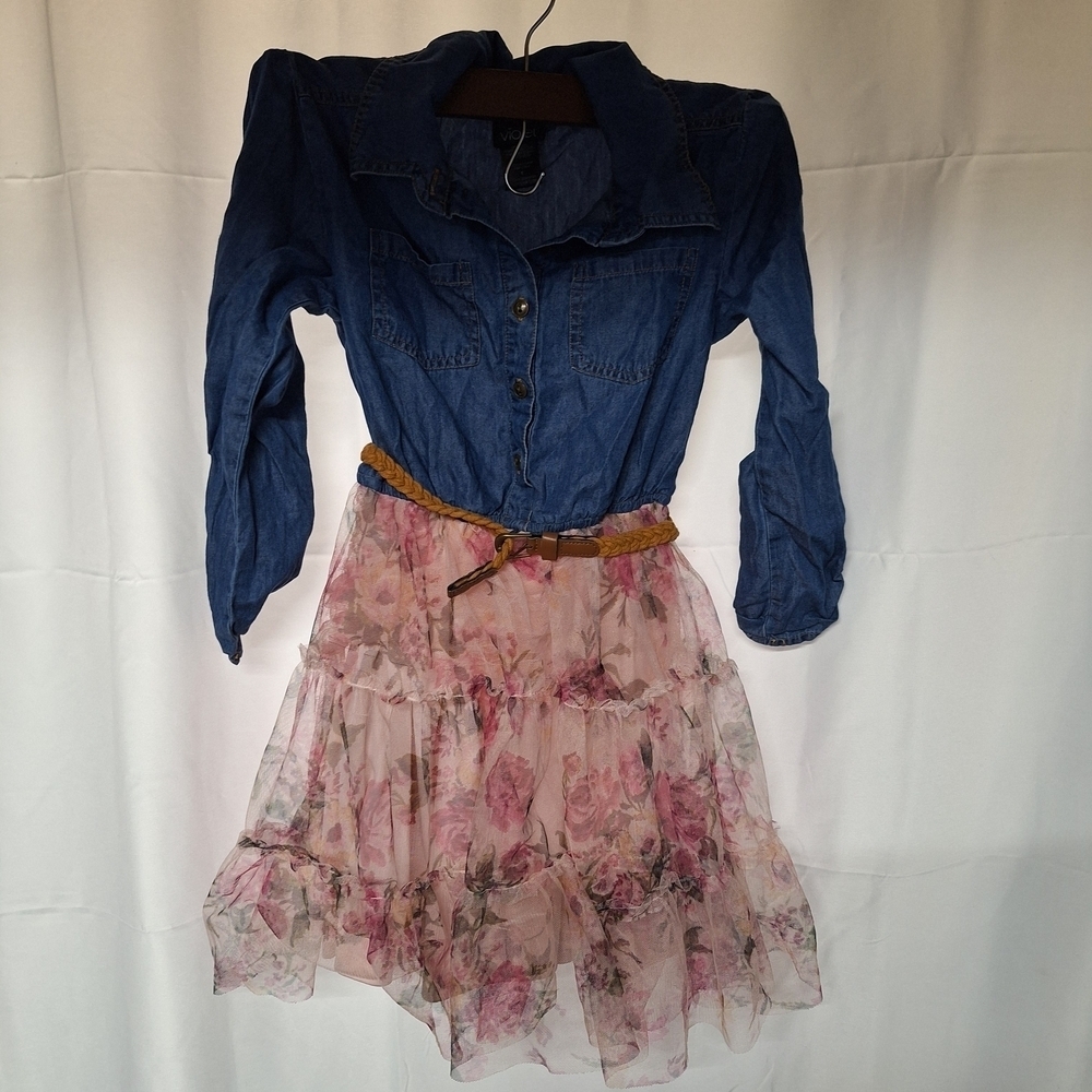 Chic Denim and Floral Pink Dress for Kids